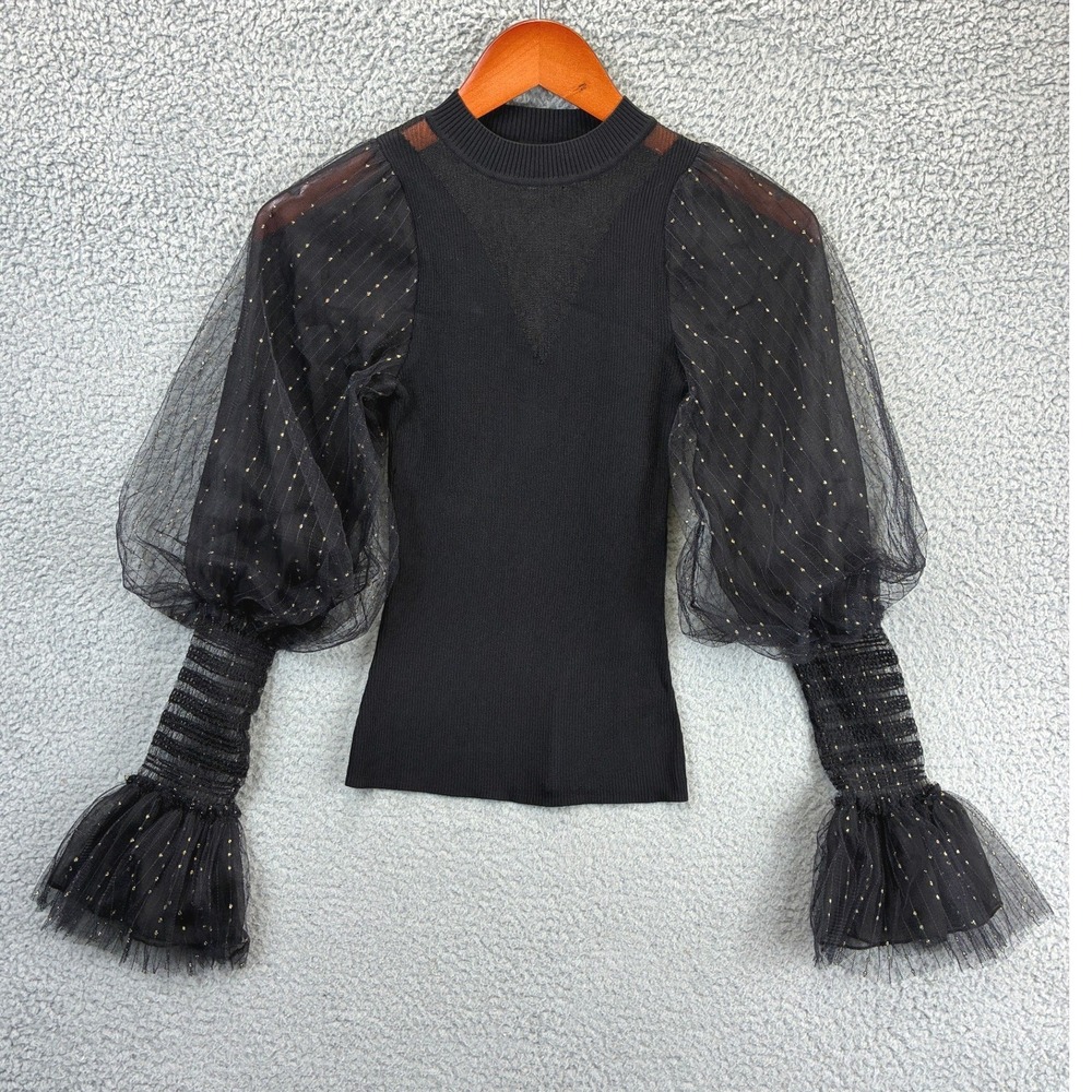 River Island Sheer Tulle Sleeve Sweater Womens 2 Black Puff Ribbed Knit Party